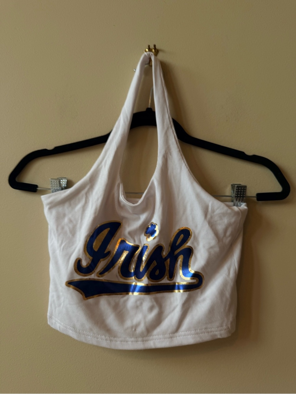 Custom made ✨ Notre Dame White Crop Halter Top with Metallic 'Irish' Script